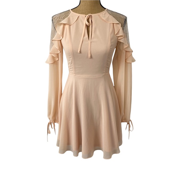 Lulus Formal Peach Lace And Ruffle Dress Long Sleeve Short Size XS Beautiful - Picture 2 of 16